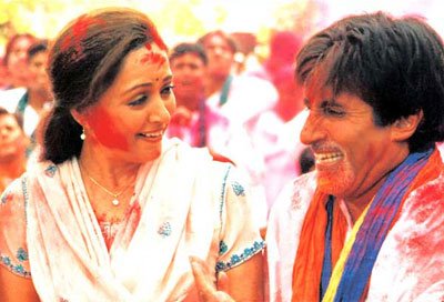 Amitabh and Hema playing Holi in a song in Baagbaan